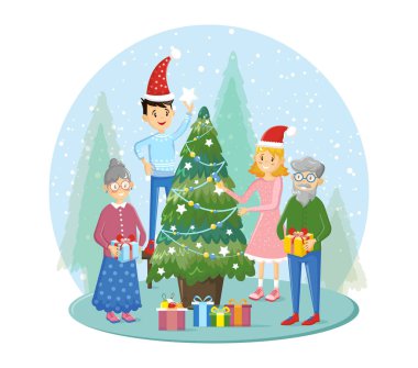 Büyük aile Noel ağacını birlikte süsleyin. Noel için hazırlanın..