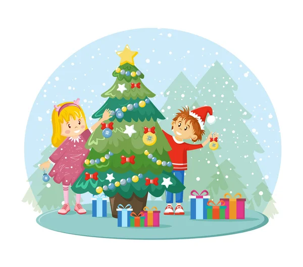 Τα παιδιά στολίζουν το χριστουγεννιάτικο δέντρο μαζί ετοιμάζονται για τα Χριστούγεννα — Διανυσματικό Αρχείο