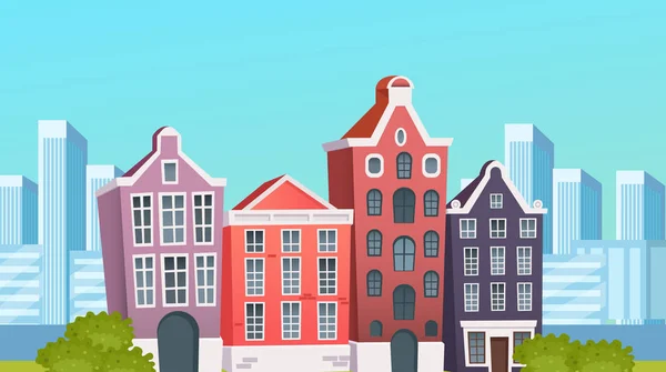 Rua da cidade com casas vintage construindo fachadas de desenhos animados . — Vetor de Stock