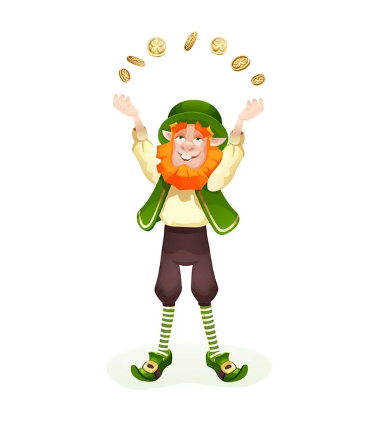 Funny irlandés fantástico personaje, gnome leprechaun vector de dibujos animados — Vector de stock