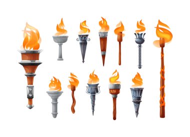 Medieval realistic torch with burning fire set. clipart