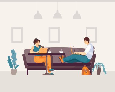 Kanepede oturan adam ve kız kafede kahve içiyorlar.