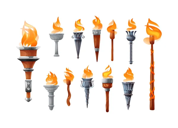 Medieval realistic torch with burning fire set. — Stock Vector