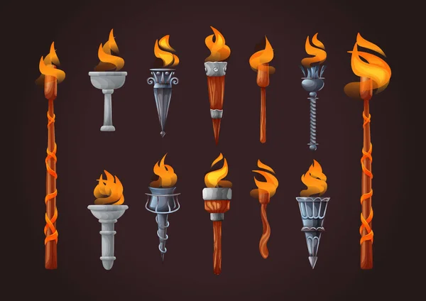 Medieval realistic torch with burning fire set. — Stock Vector