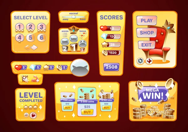 Παιχνίδι Ui Kit διεπαφή χρήστη. Εικονίδια, ταμπλό για εφαρμογή — Διανυσματικό Αρχείο
