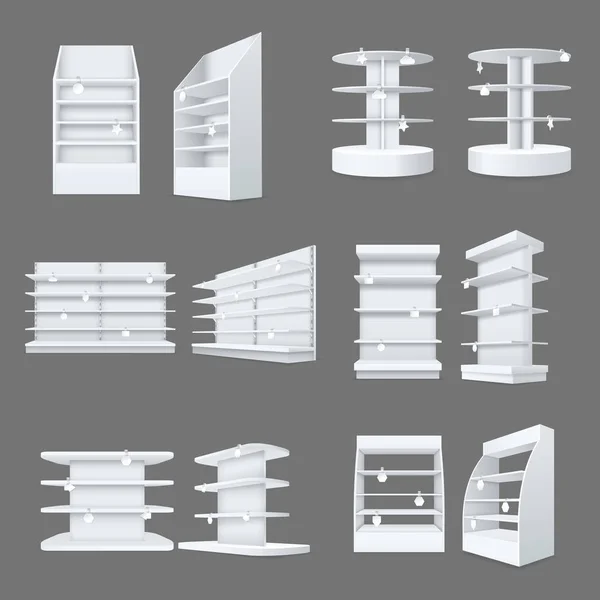 Store shelves with wobbler templates set. Realistic empty shelving stands — ストックベクタ