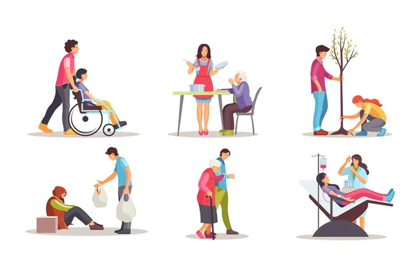 Volunteers help people with disabilities, retirees, help homeless people. — Stock Vector