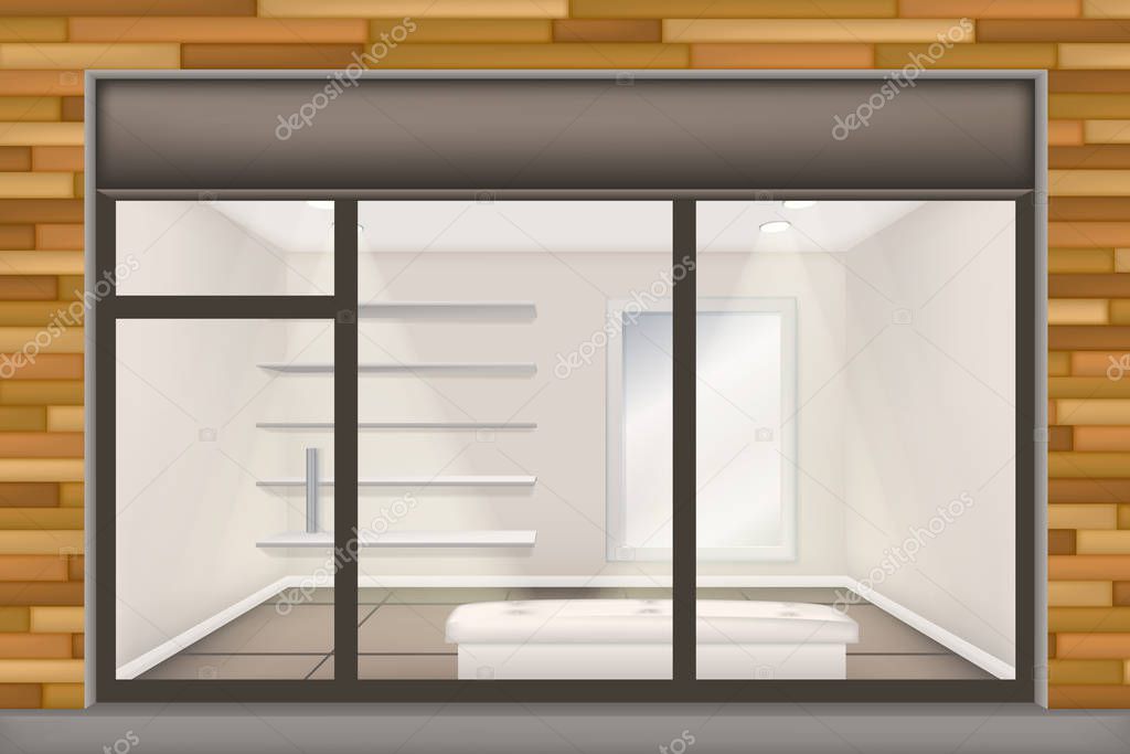 Download Realistic Shop With Glass Windows And Doors Front Store Window Mockup Empty Storefront Shoe Store And Showroom With Shelves Mirror And Backlight Vector Premium Vector In Adobe Illustrator Ai Ai