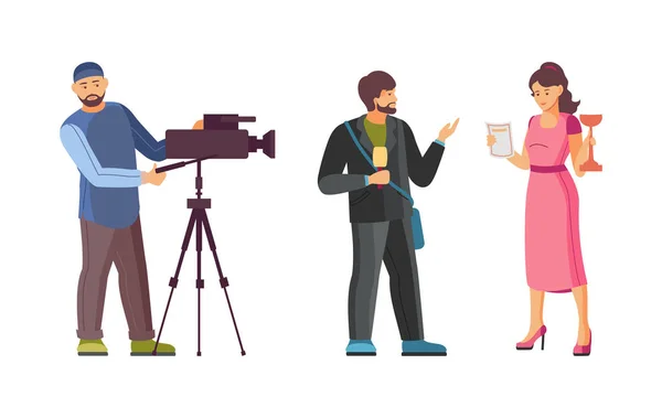 Man video reporter tillsammans korrespondent ledande rapportering direktsänd intervju — Stock vektor