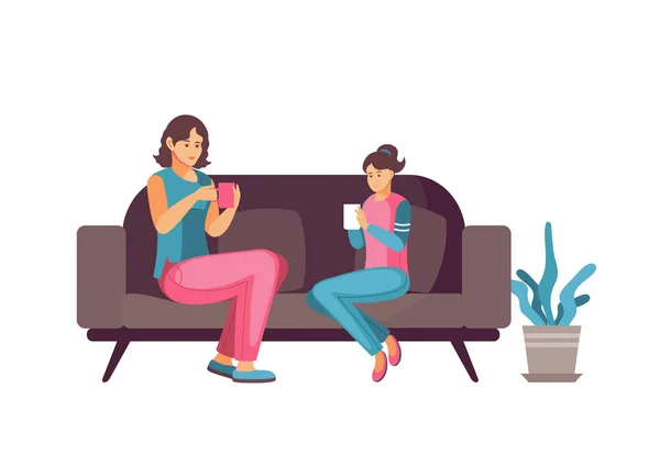 Mam en dochter drinken koffie samen huis cartoon — Stockvector
