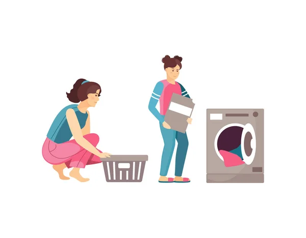 Žena v domácnosti nesoucí špinavé prádlo na mytí — Stockový vektor