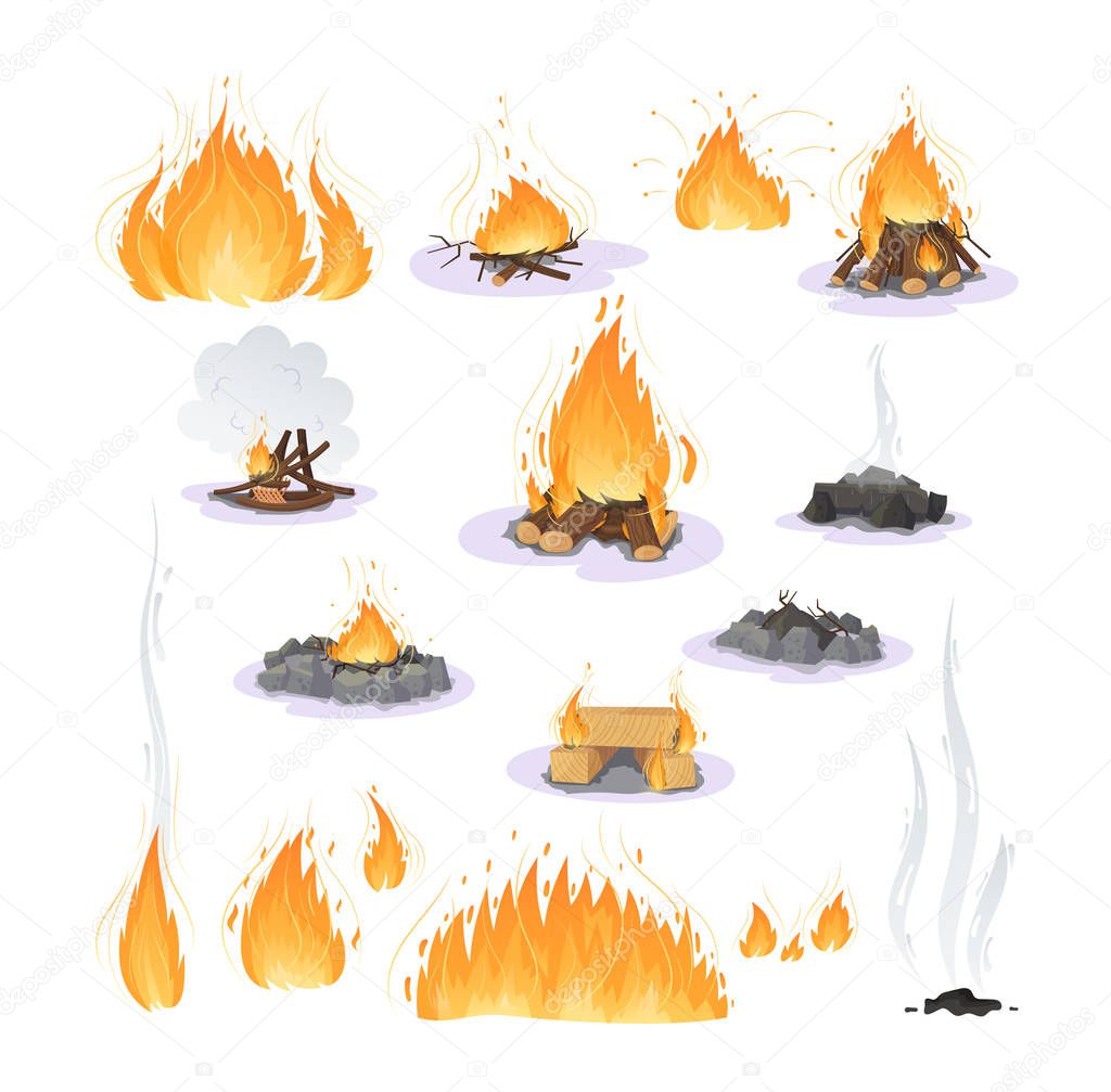 Firewood boards, bonfire of branches, logs, fire burning wooden logs