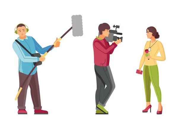 Hombre vídeo reportero juntos mujer corresponsal líder reportaje en vivo — Vector de stock