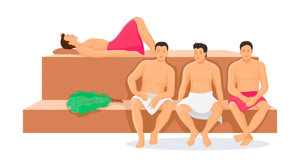 Männer in einem Dampfbad, mit Handtüchern Besen — Stockvektor