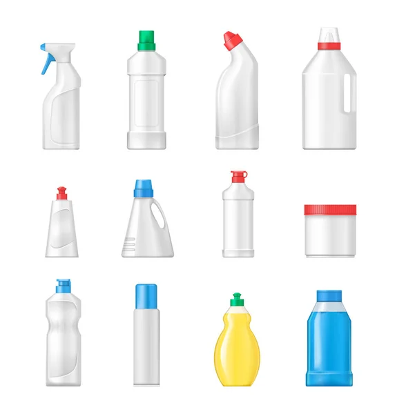 House cleaning plastic products realistic set vector isolated. — Stock Vector