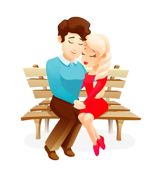Couple in love sitting hugging on bench. — Stock Vector