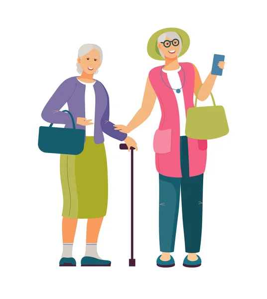 Un paio di donne anziane si incontrano, discutono le notizie . — Vettoriale Stock