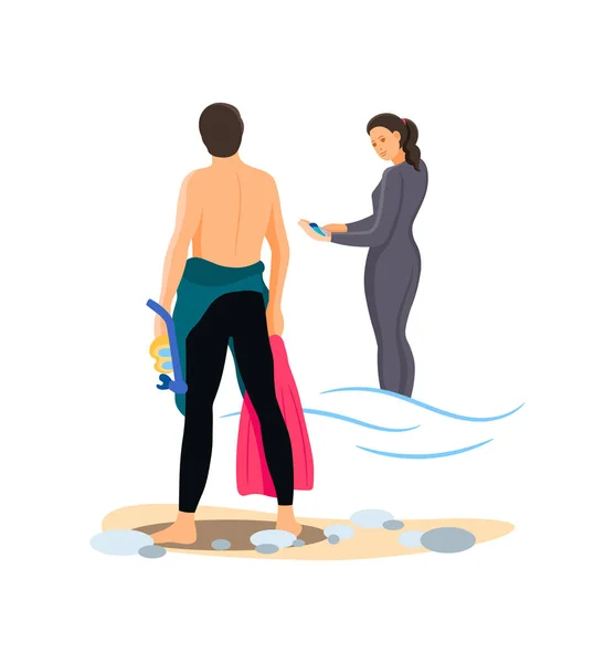 Divers couple together man and woman in swimsuit. — 스톡 벡터