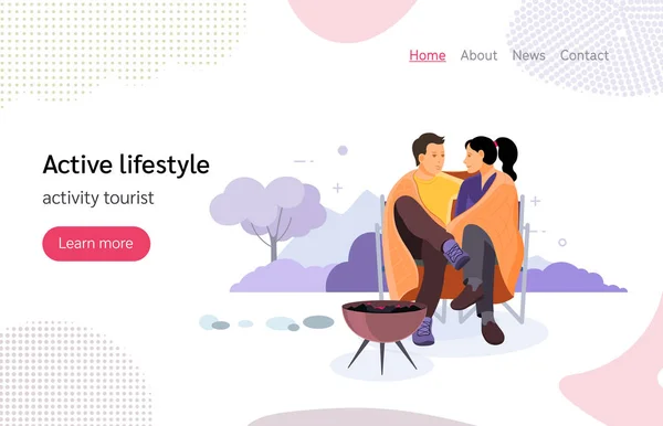 Turistas personas grupo pareja senderismo vector landing page — Archivo Imágenes Vectoriales