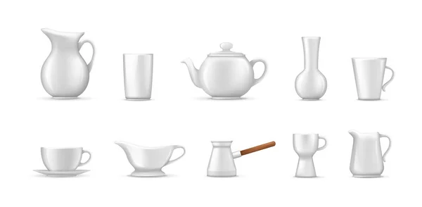 Empty white ceramic, porcelain tableware set vector — Stock Vector