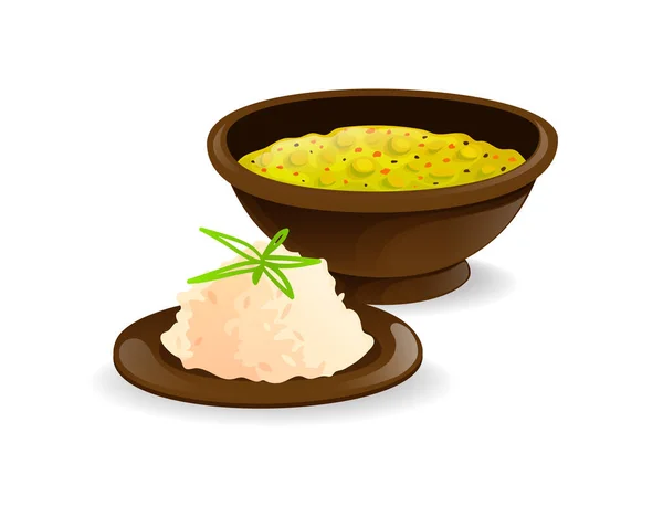 Traditional indian dish dal with rice, spicy soup. — 스톡 벡터