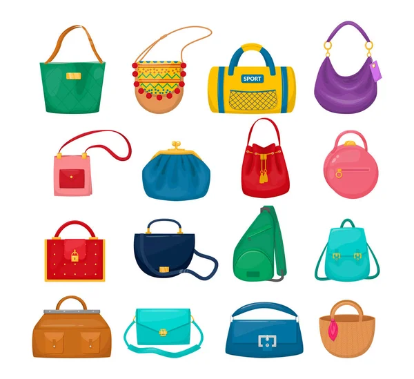 Señora accesorios bolso embrague, vagabundo, tableta, hippie, bolsa de honda, deportes , — Archivo Imágenes Vectoriales