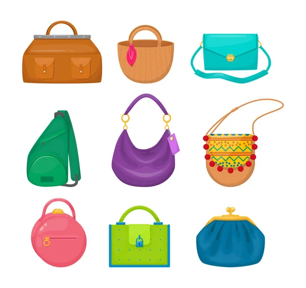 Señora accesorios bolso embrague, vagabundo, tableta, hippie, bolsa de honda, deportes , — Archivo Imágenes Vectoriales