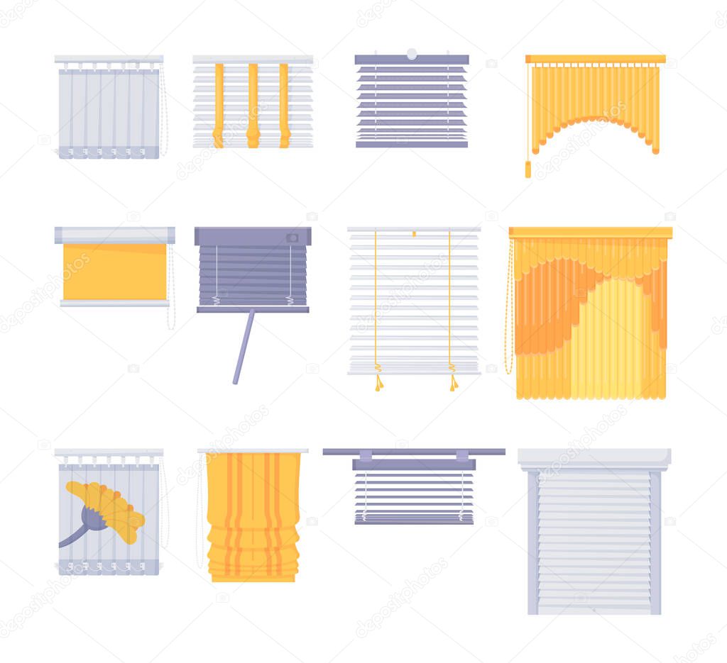 Window blinds horizontal vertical closed open set. Realistic blind roman curtains jalousie drapery for office house room interior mockup vector illustration