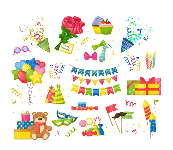 Celebración fiesta de cumpleaños decoraciones conjunto de dibujos animados vector aislado — Archivo Imágenes Vectoriales