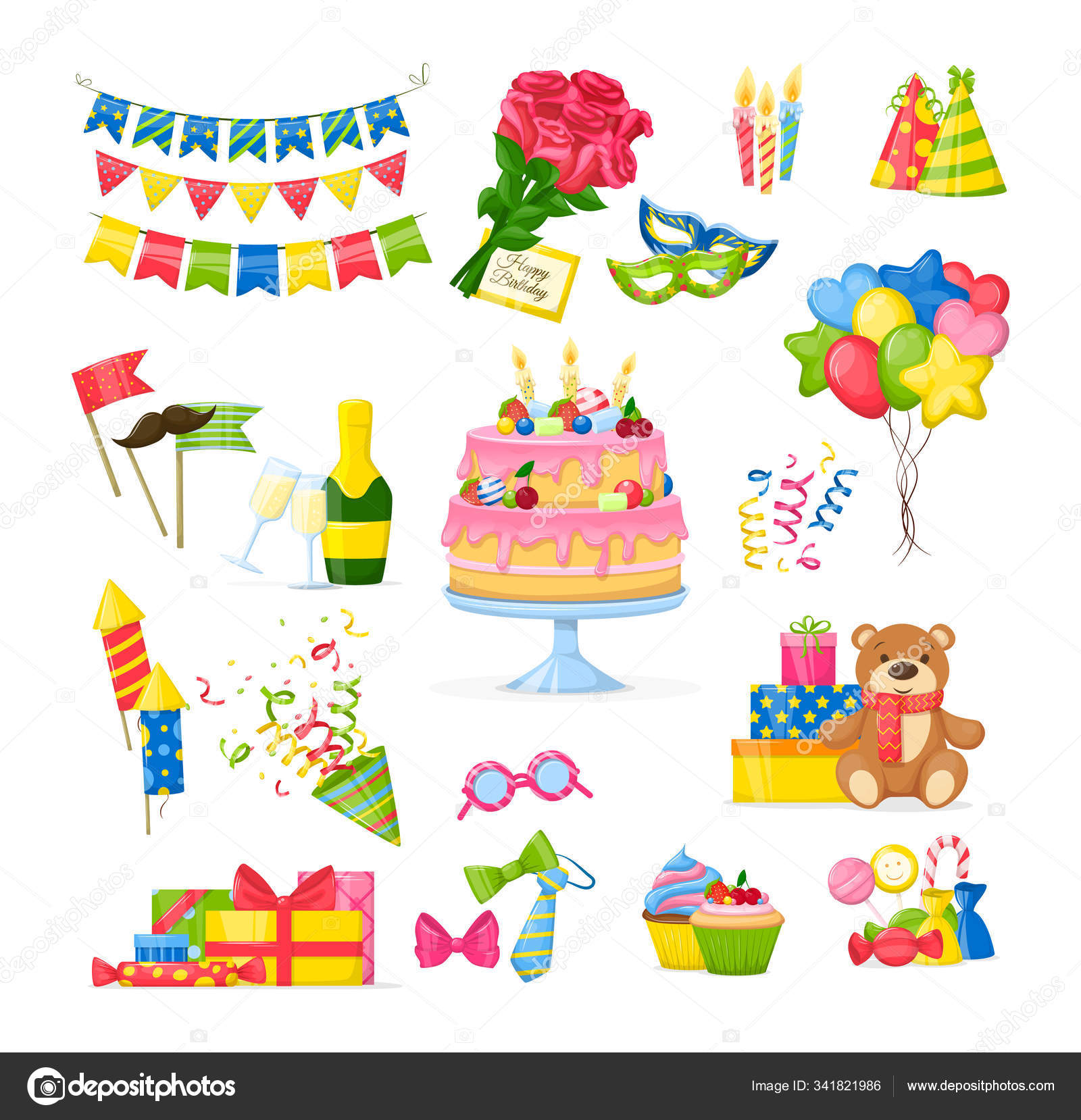 Regalos De Cumpleaños Y Decoración Listo Para La Fiesta De Cumpleaños  Ilustraciones svg, vectoriales, clip art vectorizado libre de derechos.  Image 7333383