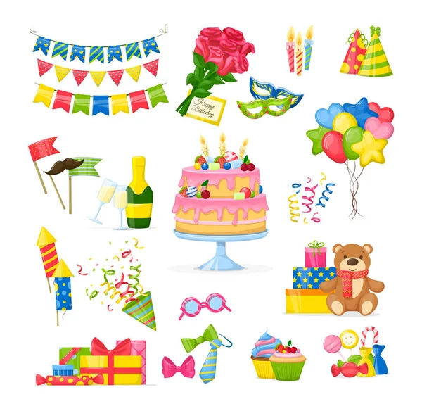 Celebración fiesta de cumpleaños decoraciones conjunto de dibujos animados vector aislado — Vector de stock