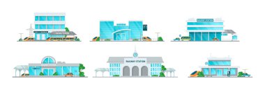 Railway station building cartoon set vector illustration clipart