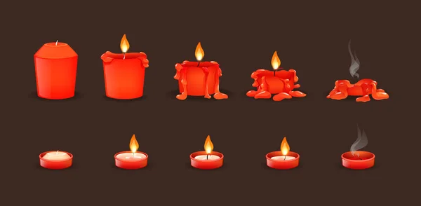 Velas de cera ardiente de dibujos animados en las diferentes etapas de la quema — Vector de stock