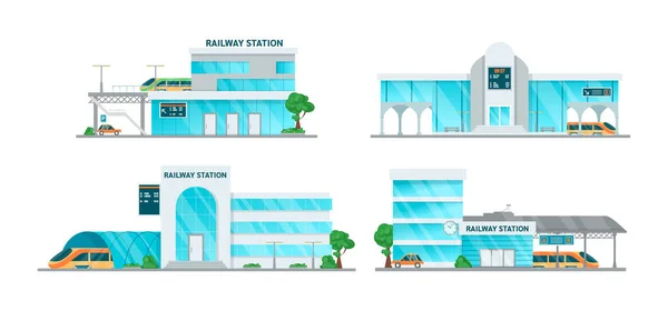 Železniční stanice budova karikatura set vektorové ilustrace — Stockový vektor