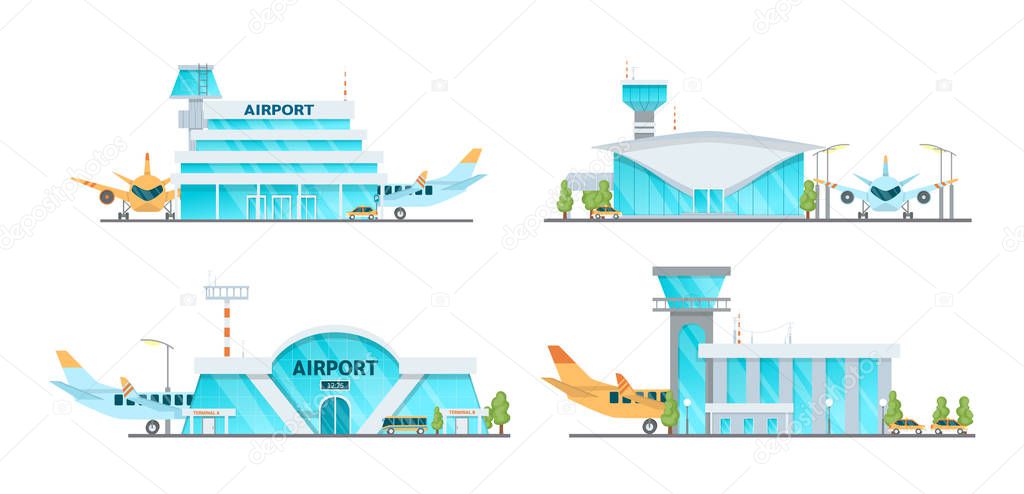 Airport building and airplanes, taxi, car, loader.