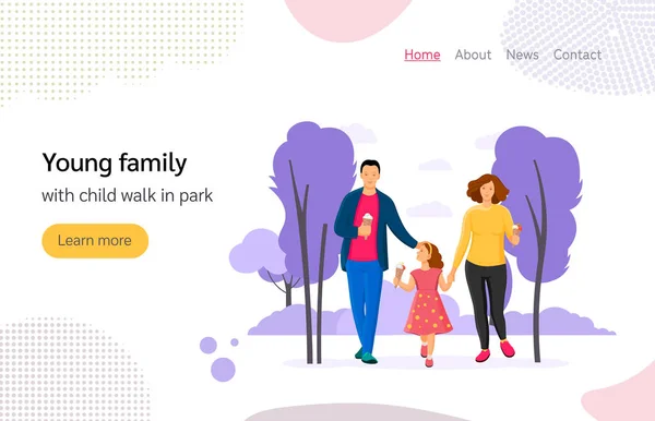 Família jovem com criança andar no parque, comer sorvete — Vetor de Stock