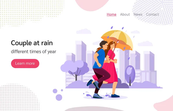The couple together with umbrella running in autumn rainy — Stock Vector