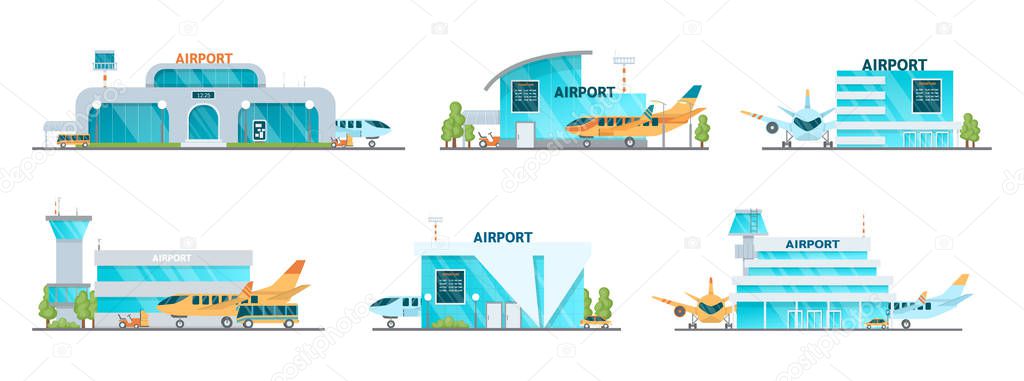 Airport building and airplanes, taxi, car, loader.