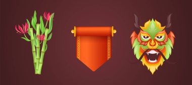 Chinese Traditional Happy New Year with different lanterns scrolls fan. vector Chinese Traditional Happy New Year with different lanterns scrolls fan. vector