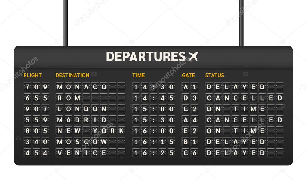 Realistic equipment board template for departures and arrivals flight.