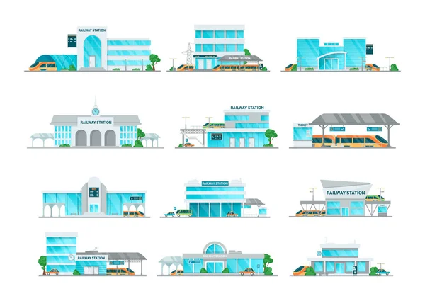 Stazione ferroviaria costruzione cartone animato set vettoriale illustrazione — Vettoriale Stock
