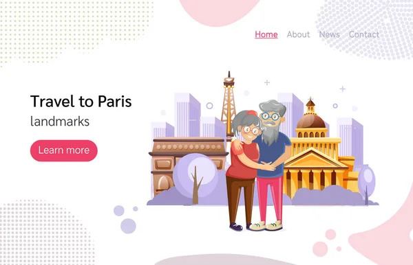 Starsi razem spacerujący przytulając się na tle paryskich zabytków — Wektor stockowy