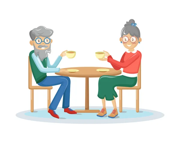 Ancianos pareja beber café juntos ilustración vector de dibujos animados — Vector de stock