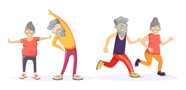 Senior pareja de edad juntos corriendo y haciendo ejercicios . — Vector de stock