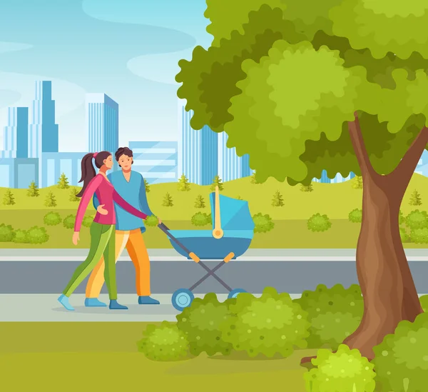Boldog a szerelemben család együtt sétál babakocsival. — Stock Vector