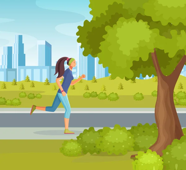 Jovem correndo mulher, menina jogging desenho animado vetor — Vetor de Stock
