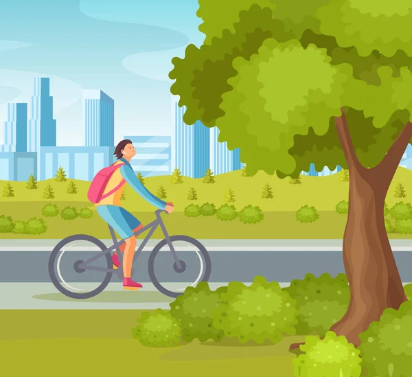 사람은 도시 주변 건물에 자전거를 타고 공원을 다닌다 — 스톡 벡터