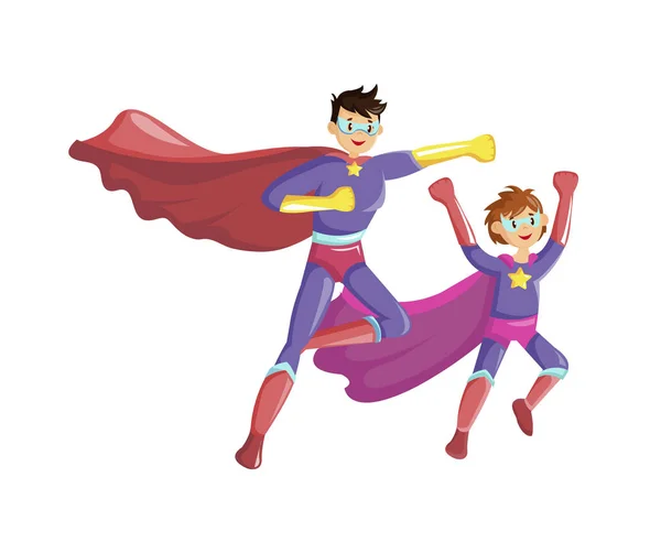 Superhelden Vater und Sohn fliegen gemeinsam in Superheldenkostümen — Stockvektor