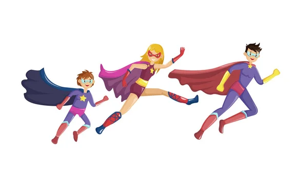 Superhelden-Eltern und ihre Kinder eilen zur Hilfe — Stockvektor