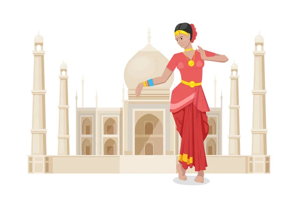 Indyjski dziewczyna tancerz, w kolorowe czerwone tradycyjne tkaniny i dekoracje — Wektor stockowy